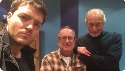Tom, Adrian Hodges and Charles Dance at the Soundhouse for The Magus recording.